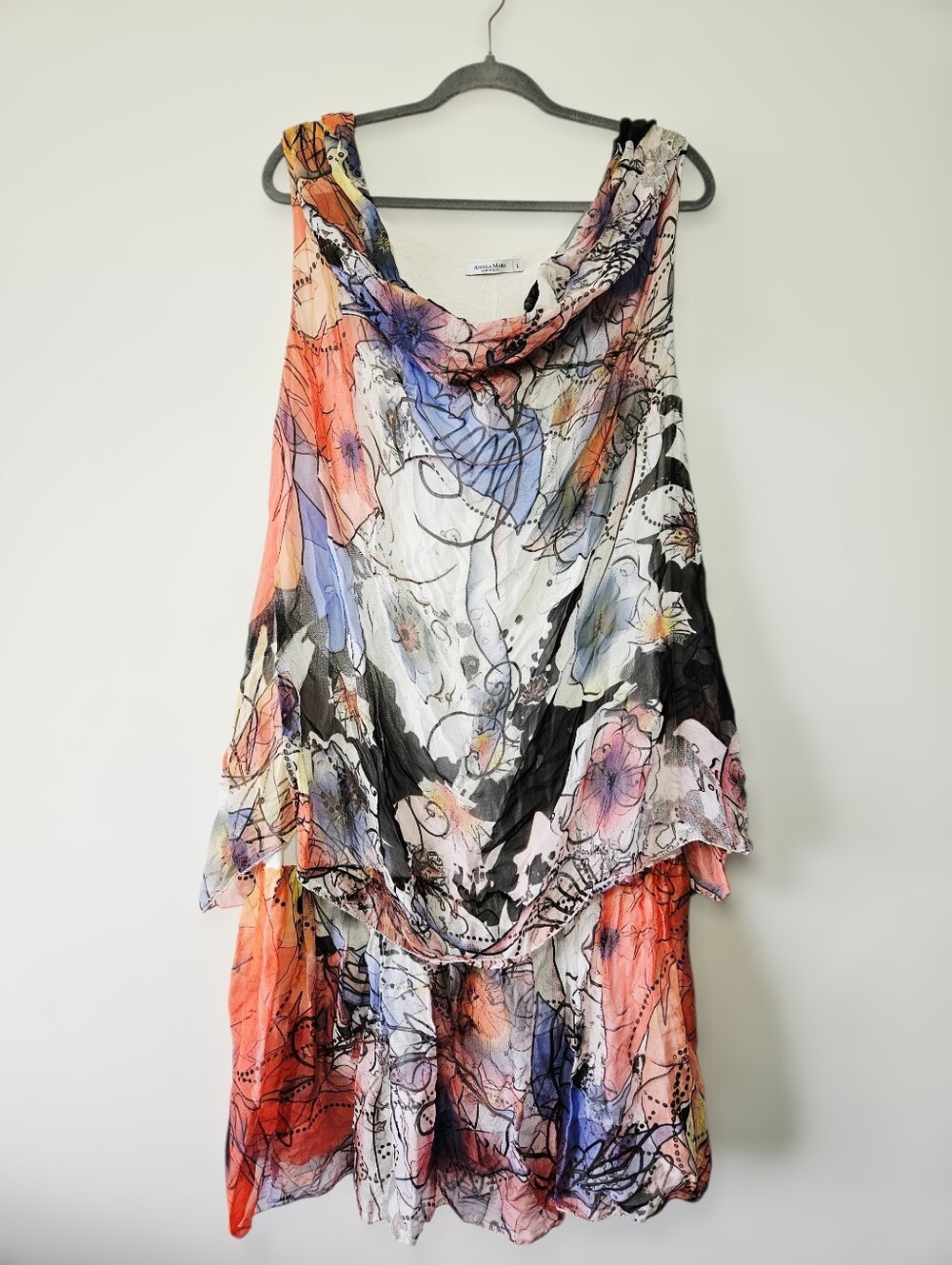 Angela Mara Silk Blend Tiered Watercolor Dress Size L Made In Italy